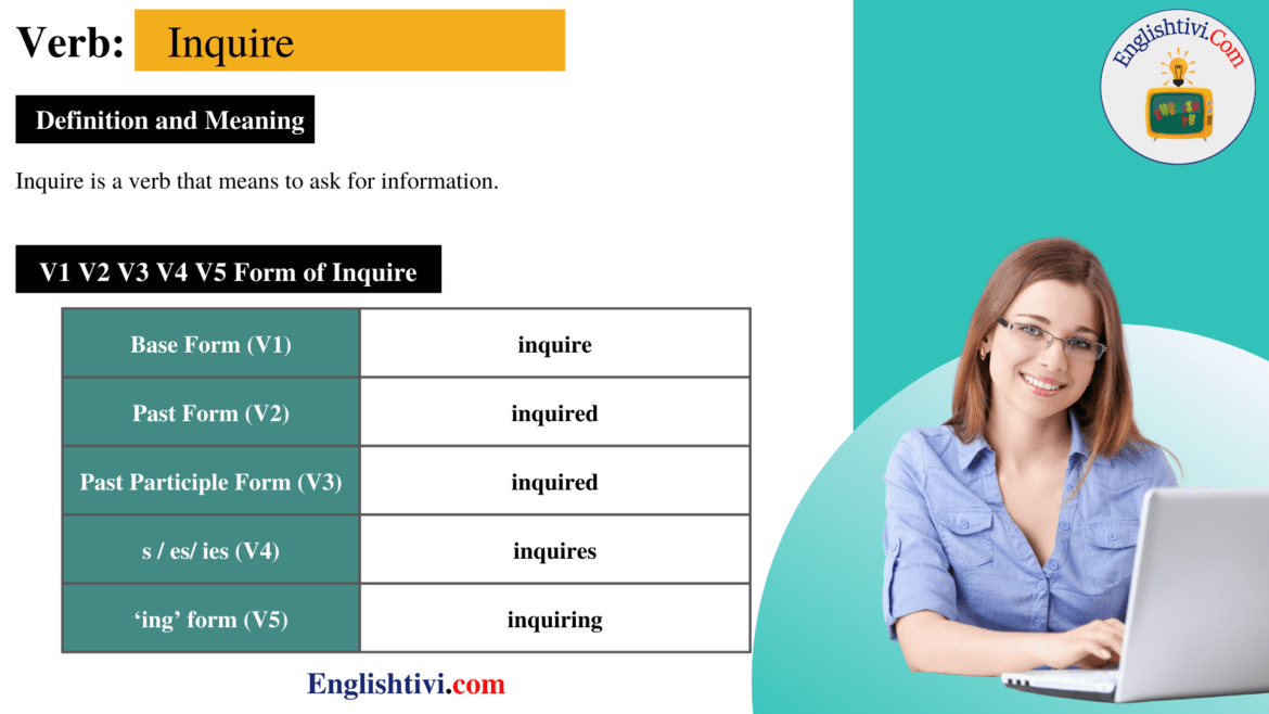 Inquire V1 V2 V3 V4 V5 Base Form, Past Simple, Past Participle Form of Inquire