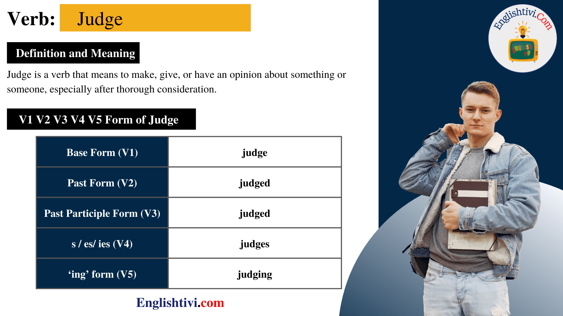 Judge V1 V2 V3 V4 V5 Base Form, Past Simple, Past Participle Form of