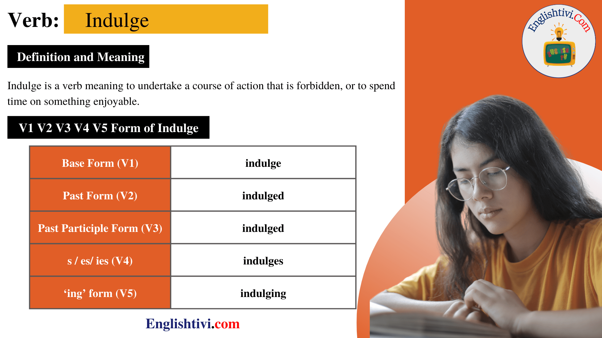 Indulge V1 V2 V3 V4 V5 Base Form Past Simple Past Participle Form Of 