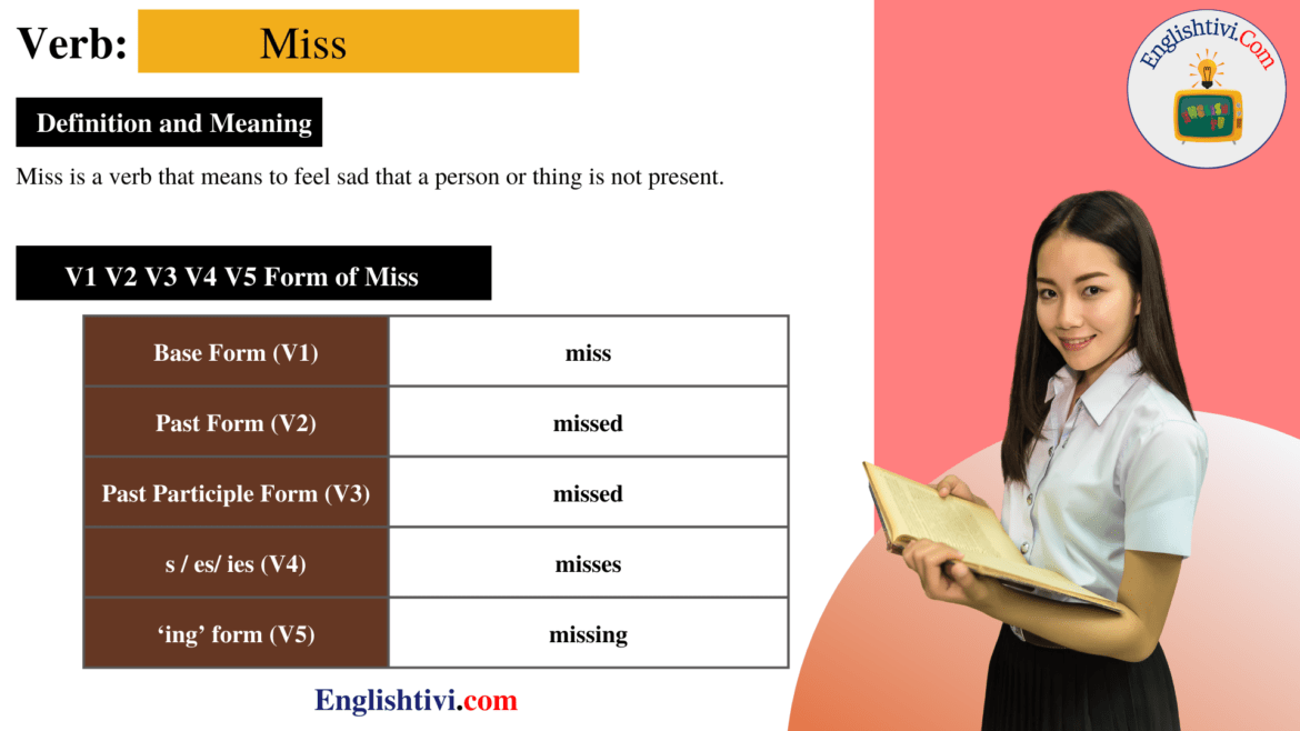 Miss V1 V2 V3 V4 V5 Base Form, Past Simple, Past Participle Form of Miss